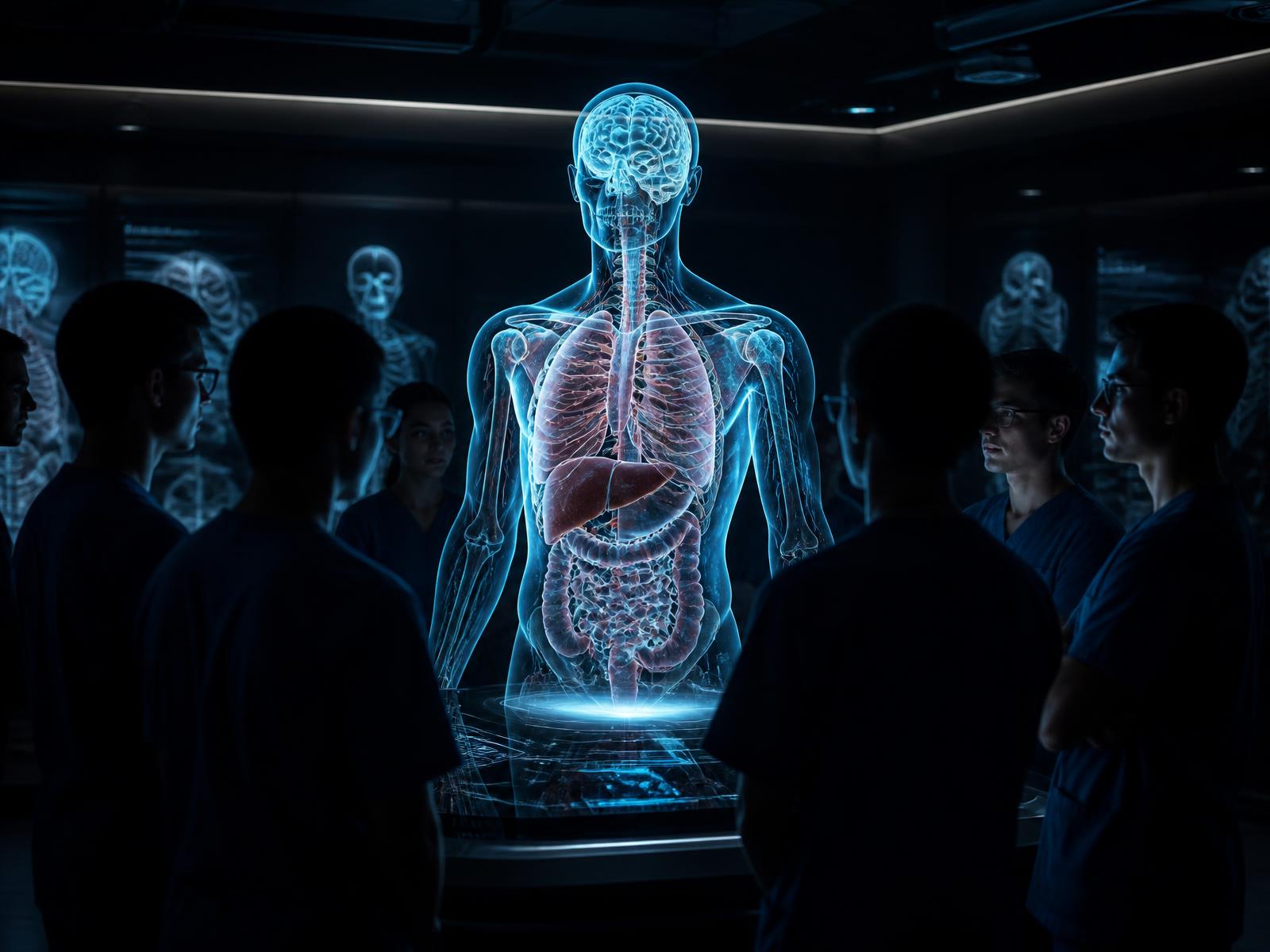 Medical students around an immersive volumetric anatomy projection