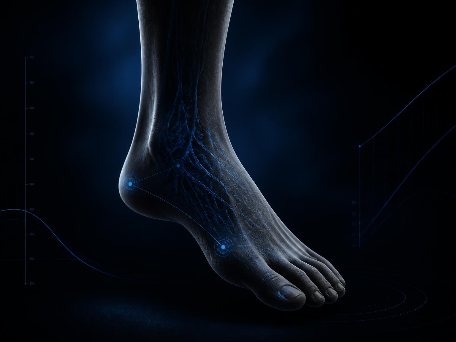 Dark anatomical rendering of a lower leg and foot with subtle blue vascular mapping and discreet digital assessment points